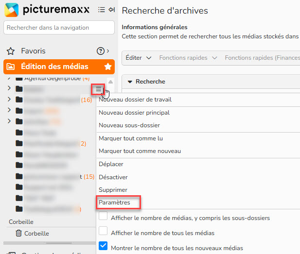 Capture d'écran du menu contextuel du dossier Import. Les éléments de navigation permettant d'accéder à la gestion des dossiers à partir du menu contextuel du dossier sont mis en évidence.
