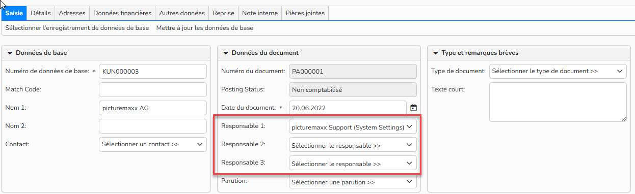 Capture d'écran des Données du document d'un document financier. Les Responsables 1, 2 et 3 sont mis en évidence.