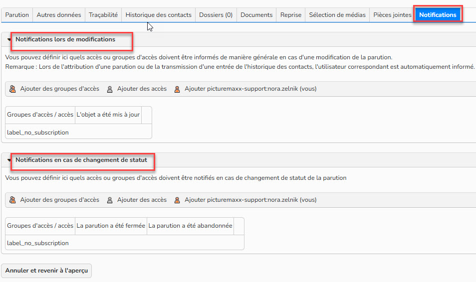 Capture d'écran de l'onglet Notifications d'une parution. Les éléments de navigation permettant d'activer les notifications de modification et/ou changement de statut de la parution sont mis en évidence.