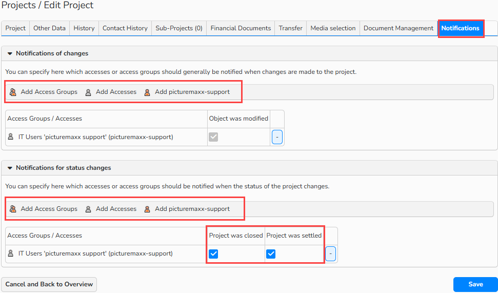 A screenshot of the Notification tab in project management. Navigation elements to select users to be notified about project status updates are selected.