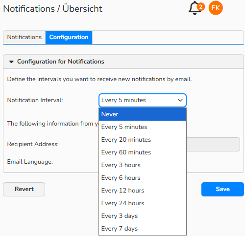 A screenshot of the notifications configuration dialog. Navigation elements to set up email notifications are shown.