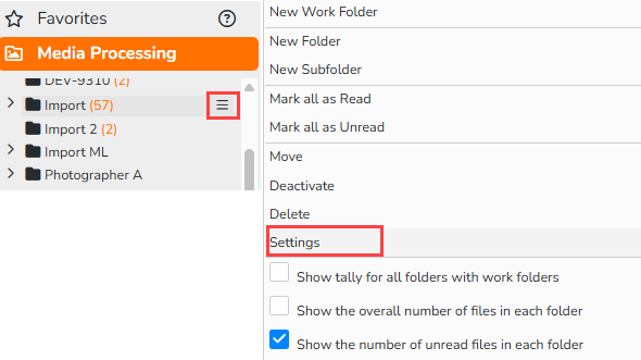A screenshot of Import folder's context menu. Navigation elements to access folder management from the folder's context menu are highlighted.