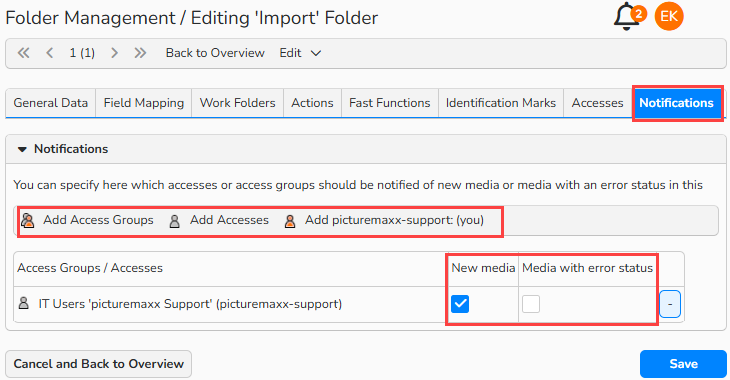 A screenshot of the Notifications tab in folder management. Navigation elements to add users to be notified, and to enable New media notifications and/or Error media notifications are highlighted.