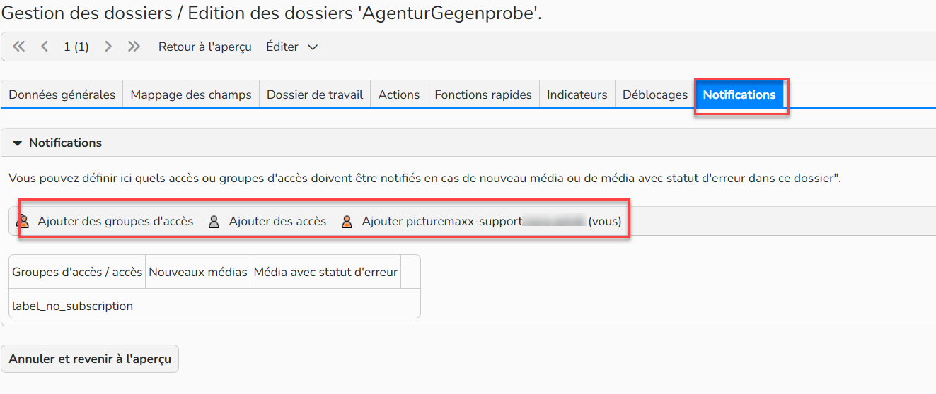 Capture d'écran de l'onglet Notifications dans les paramètres du dossier. Les éléments de navigation permettant d'ajouter des utilisateurs à notifier et d'activer les notifications de nouveaux médias et/ou les notifications d'erreurs de médias sont mis en évidence.