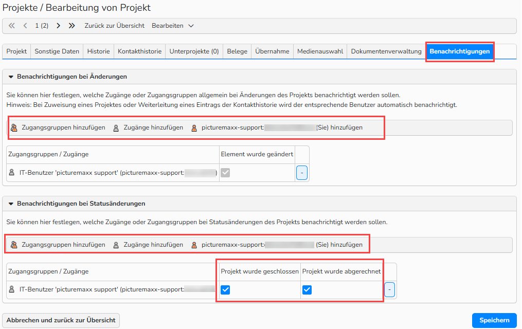 Ein Screenshot der Registerkarte „Benachrichtigungen“ im Projektmanagement. Die Navigationselemente zur Auswahl der Benutzer, die über Projektstatusaktualisierungen benachrichtigt werden sollen, sind ausgewählt.