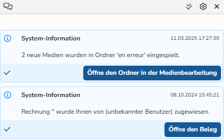 Ein Screenshot des Benachrichtigungsdialogs. Es werden Navigationselemente angezeigt, die das Lesen von Benachrichtigungen und die Konfiguration von Benachrichtigungsintervallen unterstützen.