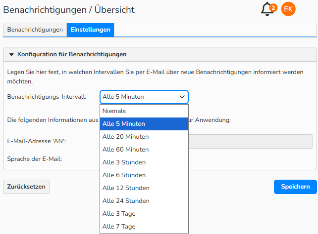 Ein Screenshot des Dialogfelds zur Konfiguration der Benachrichtigungen. Es werden Navigationselemente zum Einrichten von E-Mail-Benachrichtigungen angezeigt.