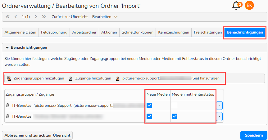 Ein Screenshot der Registerkarte „Benachrichtigungen“ in der Ordnerverwaltung. Die Navigationselemente zum Hinzufügen von Benutzern, die benachrichtigt werden sollen, und zum Aktivieren von Benachrichtigungen über neue Medien und/oder Fehlermeldungen sind hervorgehoben.