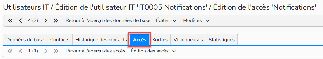 Capture d'écran mettant en évidence l'onglet Accès