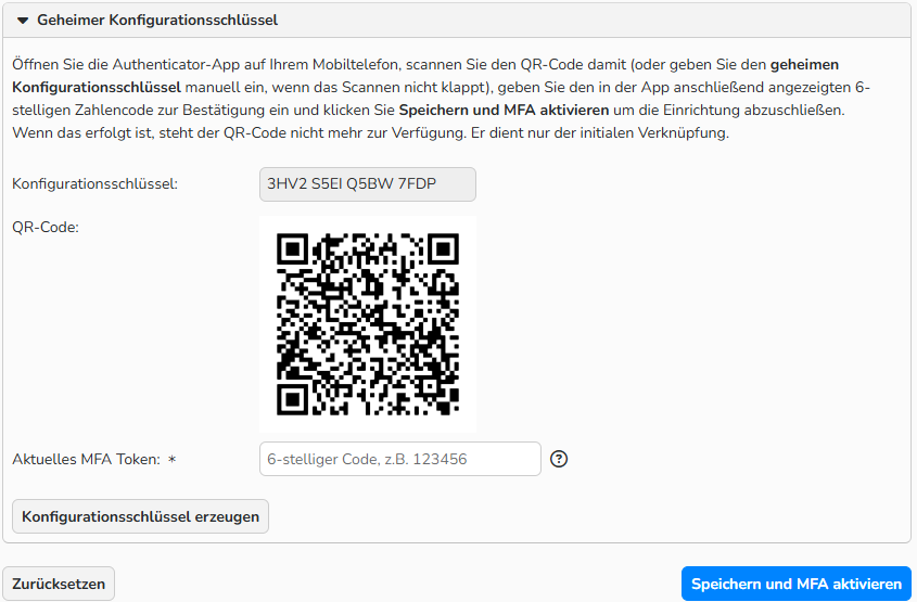 Ein Screenshot des Fensters „Mein Konto“ mit einem generierten QR-Code.