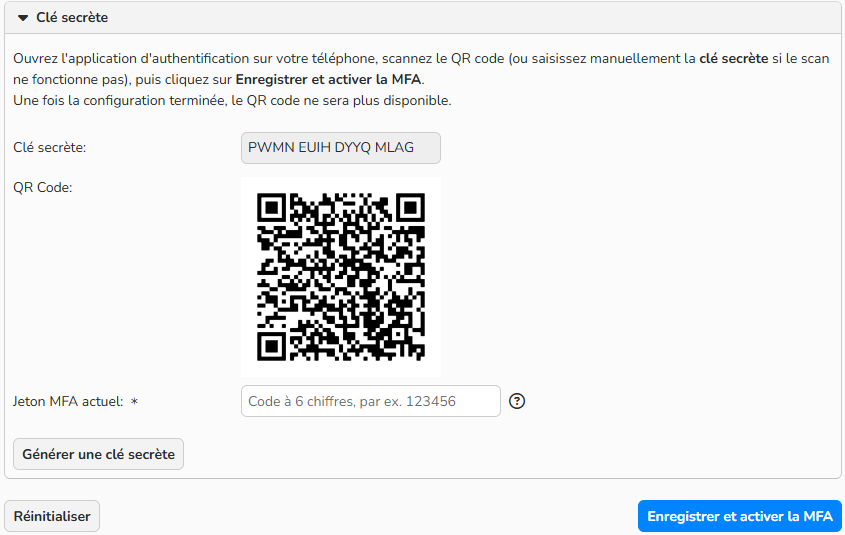 Capture d'écran de la fenêtre Mon compte avec un QR code généré.