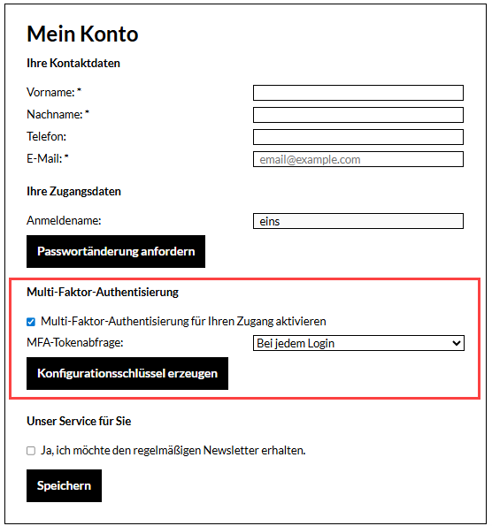 Screenshot des Fensters „Mein Konto“ im Webshop. Die Navigationselemente zur Aktivierung der MFA im Webshop sind hervorgehoben.