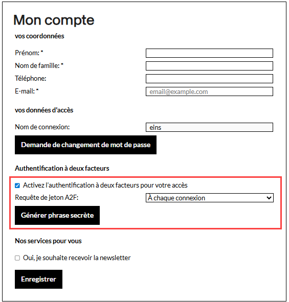 Capture d'écran de la page Mon compte du webshop. La case à cocher Activez l'authentification à deux facteurs pour votre accès est mise en évidence.