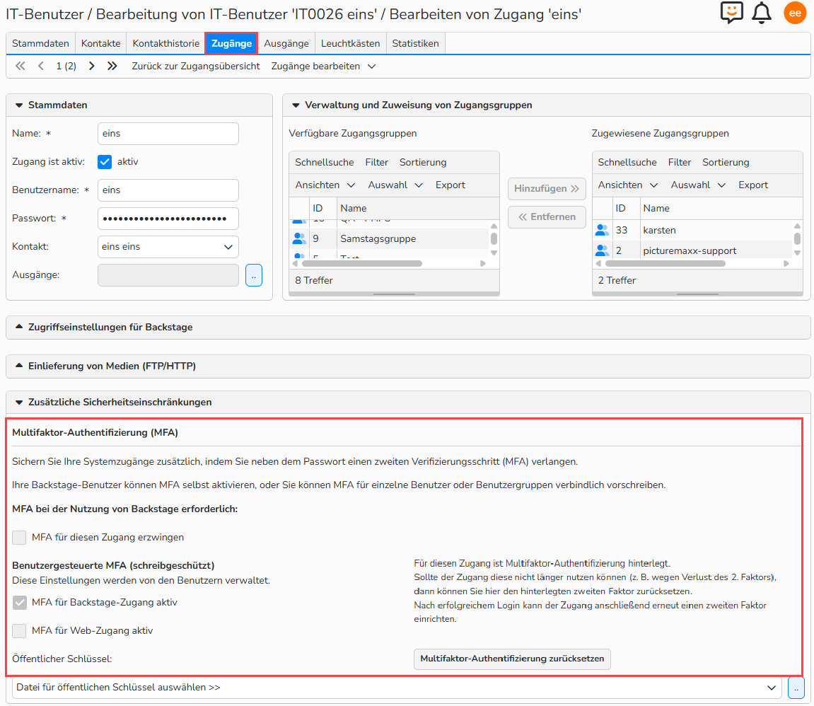 Ein Screenshot der Kundenstammdaten. Im Tab Zugänge im Bereich Multifaktor-Authentifizierung (MFA) sieht man MFA erforderlich aktiviert.