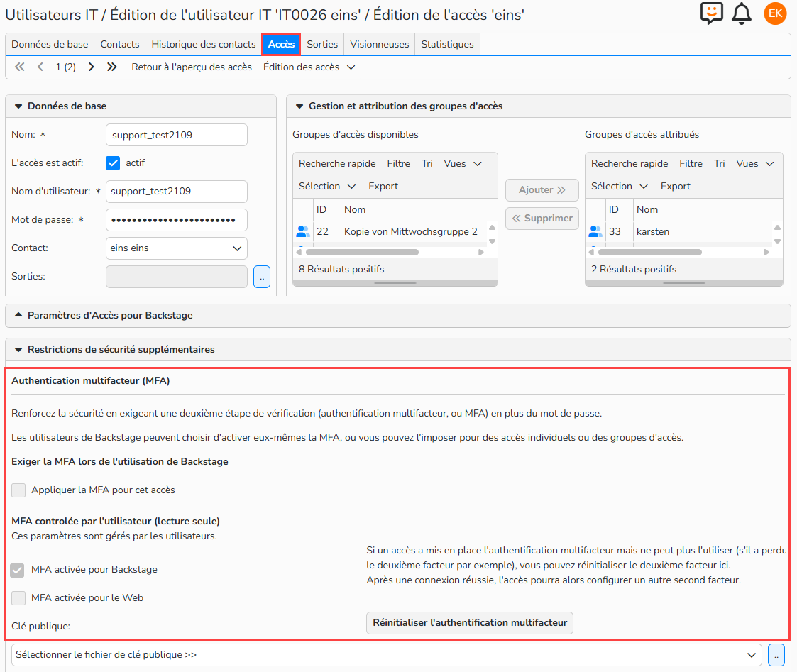 Capture d'écran d'un accès. Les éléments permettant de configurer l'authentification multifacteur (MFA) sont mis en évidence.