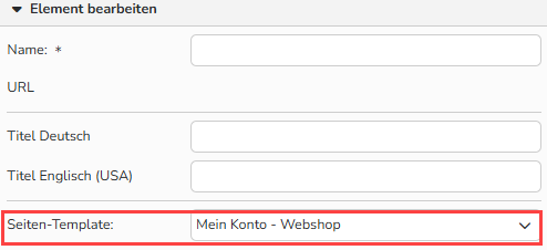 Ein Screenshot des Moduls „Web > Seitenelemente > Navigation“. Die Navigationselemente zur Erstellung der Seite „Mein Konto“ im Webshop sind hervorgehoben.