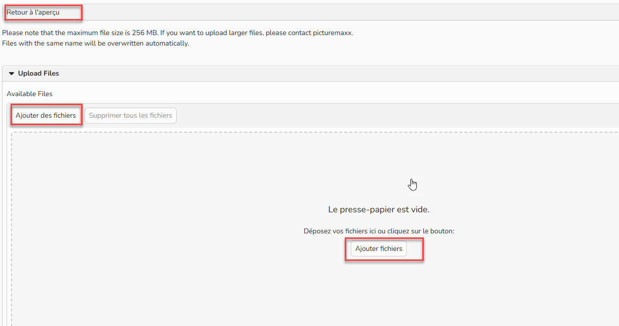 Capture d'écran montrant comment importer des fichiers dans Backstage. Les boutons Ajouter fichiers et Retour à l'aperçu sont mis en évidence