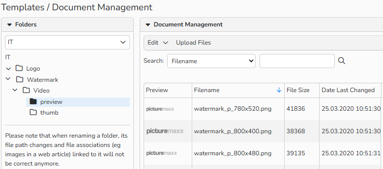 A screenshot of the Document Management window. Navigation elements to upload documents and organize uploaded documents into folders are shown.