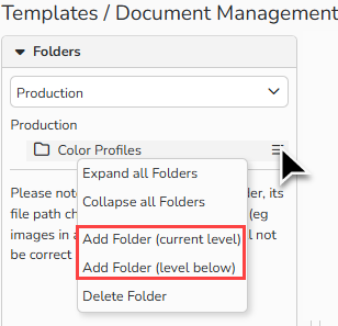 A screenshot of the Document Management window showing the folder context menu. UI elements to add folders are highlighted.