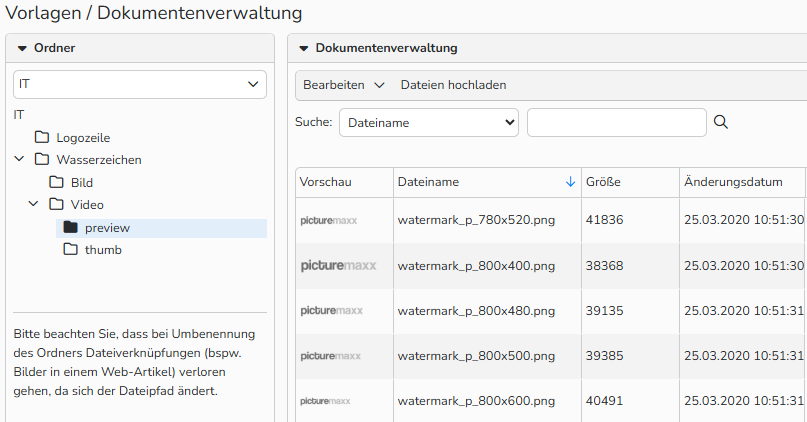 Ein Screenshot des Fensters „Dokumentenverwaltung“. Es werden Navigationselemente zum Hochladen von Dokumenten und zum Organisieren hochgeladener Dokumente in Ordnern angezeigt.