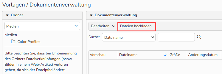 Ein Screenshot des Fensters „Dokumentenverwaltung“. Es werden Navigationselemente zum Hochladen von Dokumenten angezeigt.