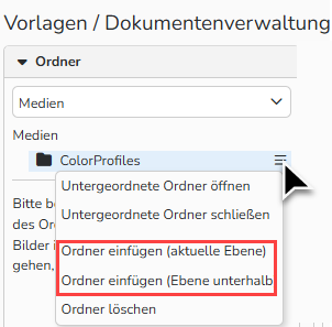Ein Screenshot des Fensters „Dokumentenverwaltung“ mit dem Kontextmenü des Ordners. Die UI-Elemente zum Hinzufügen von Ordnern sind hervorgehoben.