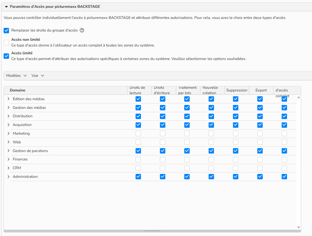 Capture d'écran montrant comment configurer un accès limité à Backstage