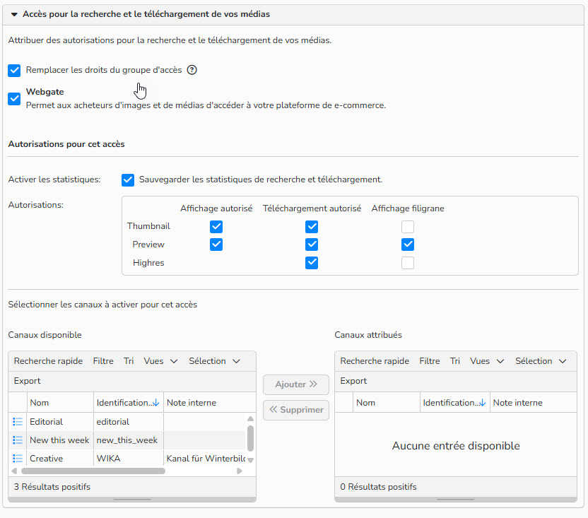 Capture d'écran montrant comment configurer les droits webgate