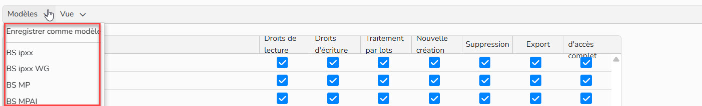 Capture d'écran montrant comment enregistrer des modèles pour les réutiliser pour d’autres Accès limité
