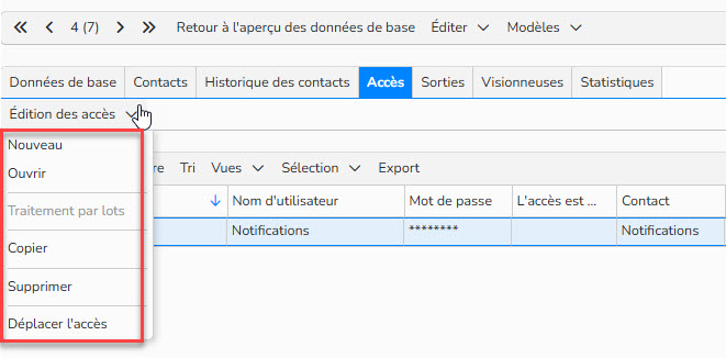 capture d'écran mettant en évidence le menu édition des accès