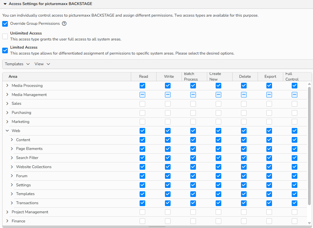 A screenshot of access setup for Backstage showing controls to limit access for Purchasing and Administration users.