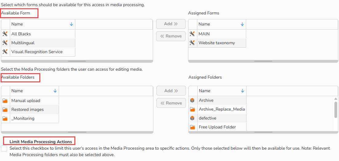 A screenshot of access setup for Backstage. UI elements to configure limited access to folders, forms, and media processing actions.