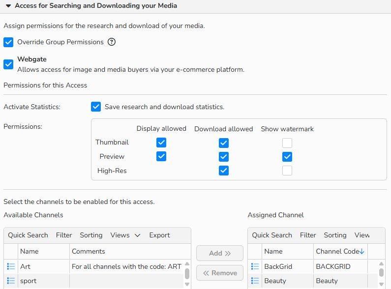 A screenshot of access setup for Backstage. UI elements to configure limited access to media searching and downloading are shown.