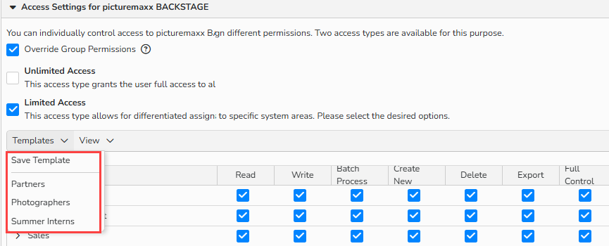 A screenshot of access setup for Backstage. UI elements to apply templates for limited access to Backstage are shown.