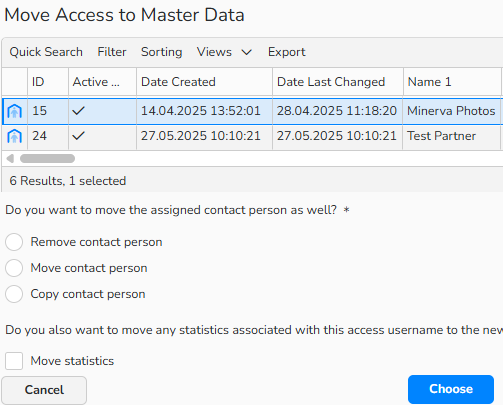 A screenshot of the move access dialog. UI elements to move access and associated contacts and statistics are shown.