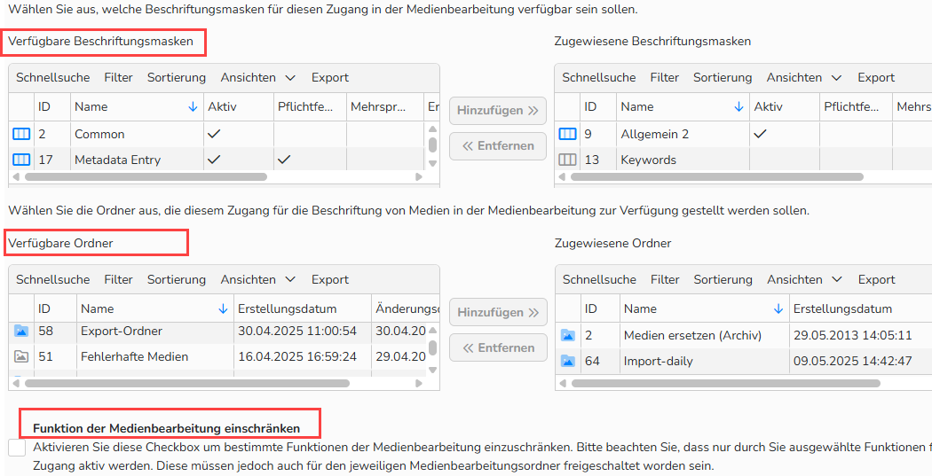 Screenshot der Zugriffseinstellungen für Backstage. UI-Elemente zur Konfiguration des eingeschränkten Zugriffs auf Ordner, Formulare und Medienverarbeitungsaktionen.