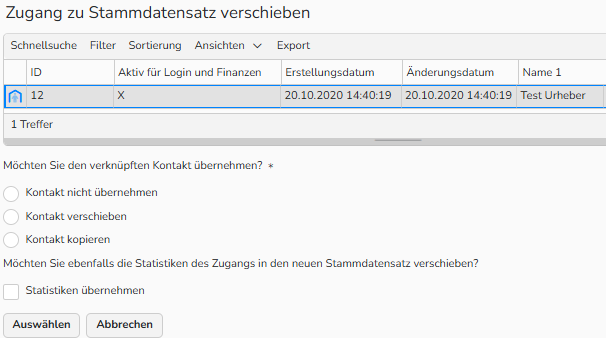 Screenshot des Dialogfelds zum Verschieben von Zugriffen. Es werden UI-Elemente zum Verschieben von Zugriffen und zugehörigen Kontakten und Statistiken angezeigt.