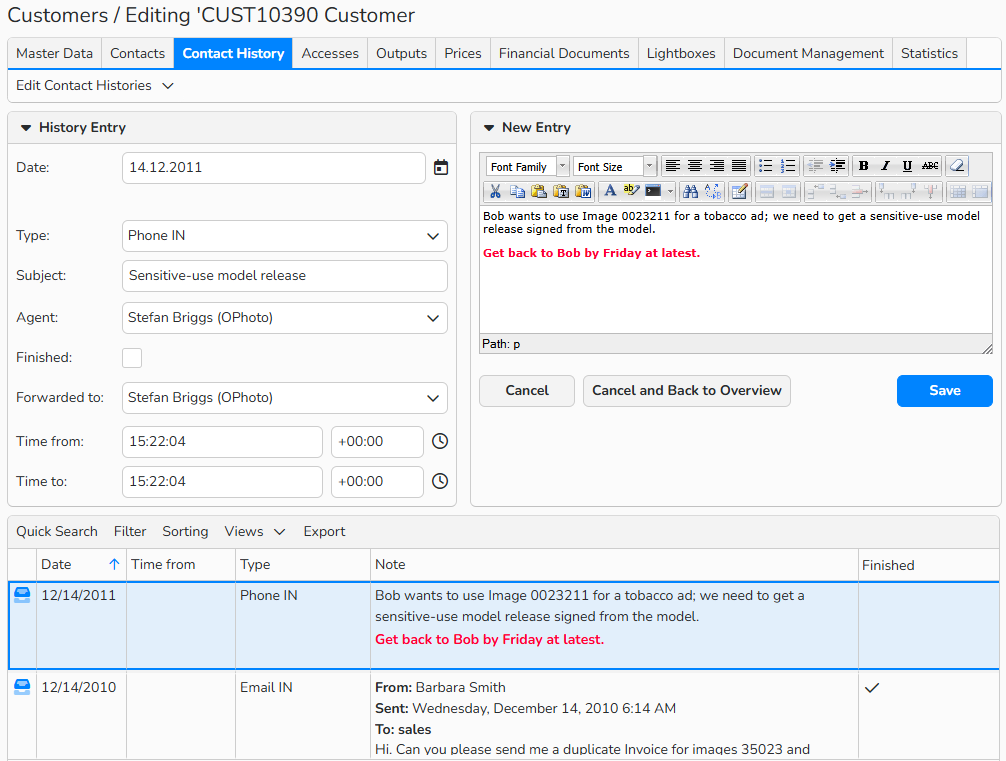 A screenshot of Customer Master Data in the Finance module. Navigation elements to create and view Contact History records are shown.