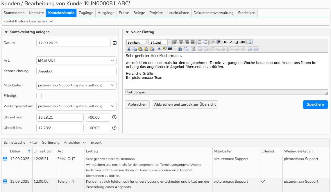 Ein Screenshot der Kundenstammdaten im Finanzmodul. Es werden Navigationselemente zum Erstellen und Anzeigen von Datensätzen im Kontaktverlauf angezeigt.