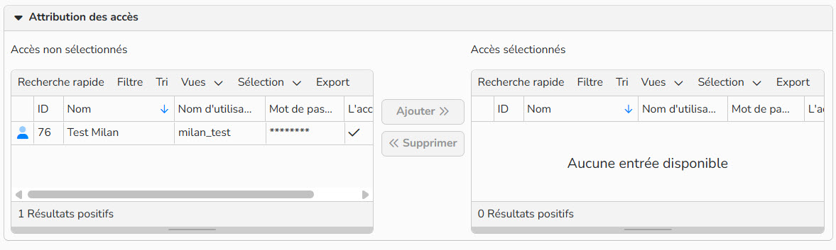 Capture d'écran mettant en évidence l'attribution des accès à un contact