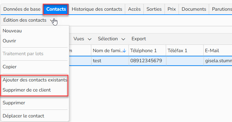 Capture d'écran mettant en évidence le menu Edition des contacts et l'option Ajouter un contact existant ou Supprimer de ce client