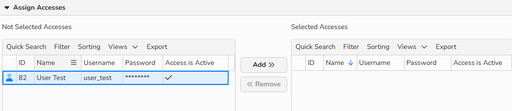 Screenshot of the Assign Accesses panel in master data record. UI elements to assign selected accesses are shown.