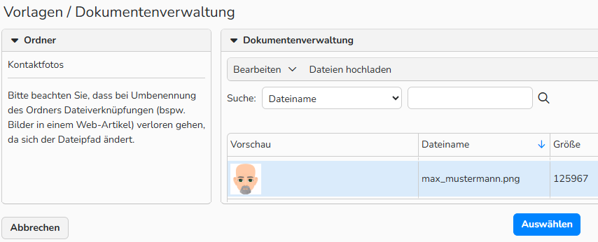 Screenshot des Fensters „Dokumentenverwaltung“ in der „Administration