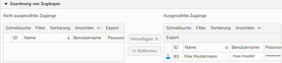 Screenshot des Fensters „Zugänge zuordnen“ im Stammdatensatz des Kontaktes. Es werden UI-Elemente zum Zuweisen ausgewählter Zugänge angezeigt.