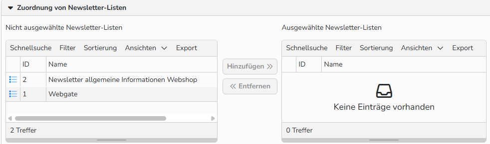 Screenshot des Fensters „Zuordnen von Newsletter-Listen“ im Stammdatensatz des Kontaktes. Es werden UI-Elemente zum Zuweisen ausgewählter Newsletter angezeigt.