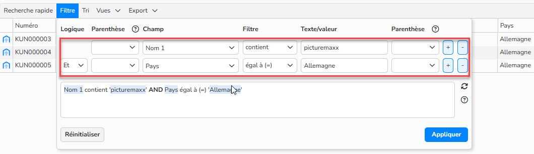 Capture d'écran d'un filtre par Nom 1 et Pays