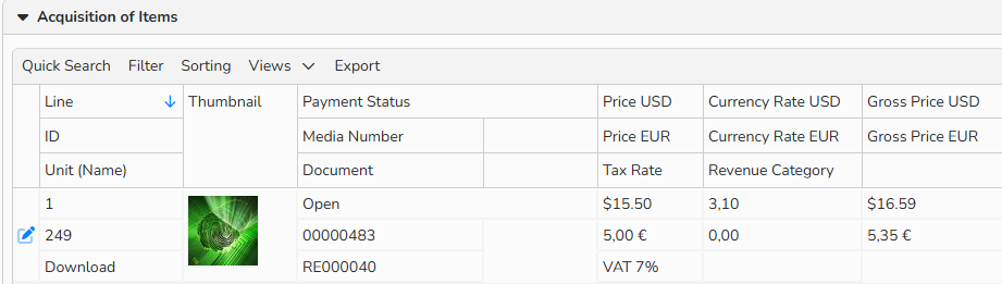 Screenshot if an Invoice Items table with a custom multi-row layout.