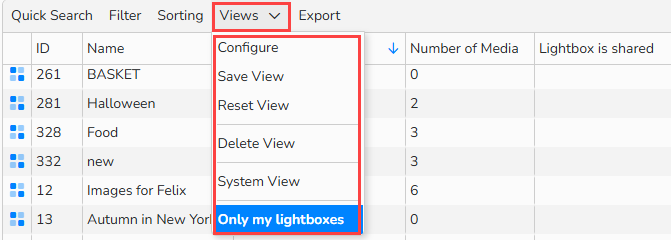en_image_11 Screenshot of the Views menu for a table. Navigation elements to view, configure, reset, delete, and save a table layout are highlighted.