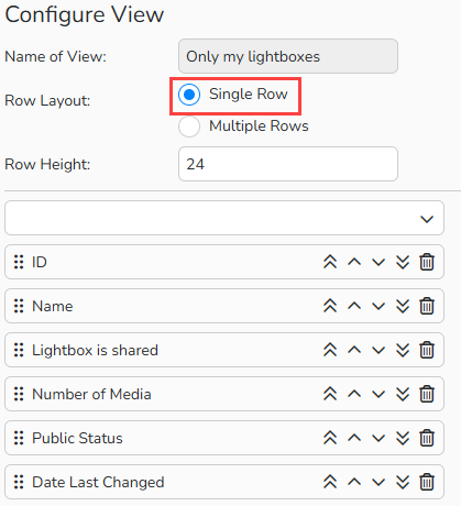 Screenshot of the Configure table view dialog. Navigation elements to configure a single row table layout are highlighted.