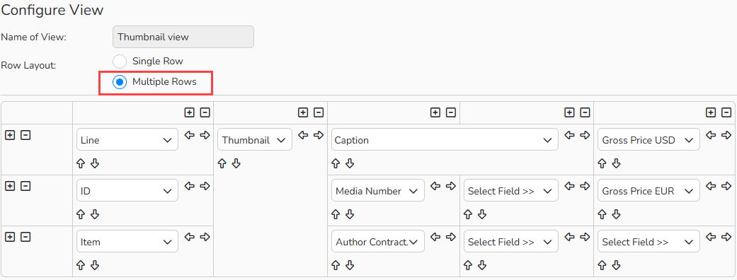 Screenshot of the Configure table view dialog. Navigation elements to configure a multiple row table layout are highlighted.